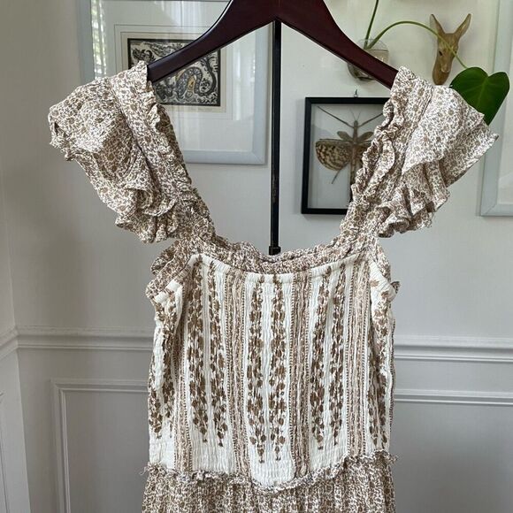 Sim & Sam Smocked Top Jumpsuit Natural Ivory Calico S - Picture 2 of 9